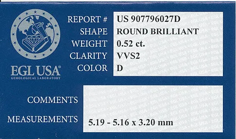 0.52 Carat D Color VVS2 Clarity Loose Round Diamond | Stunning Natural Brilliance | EGL USA Certified