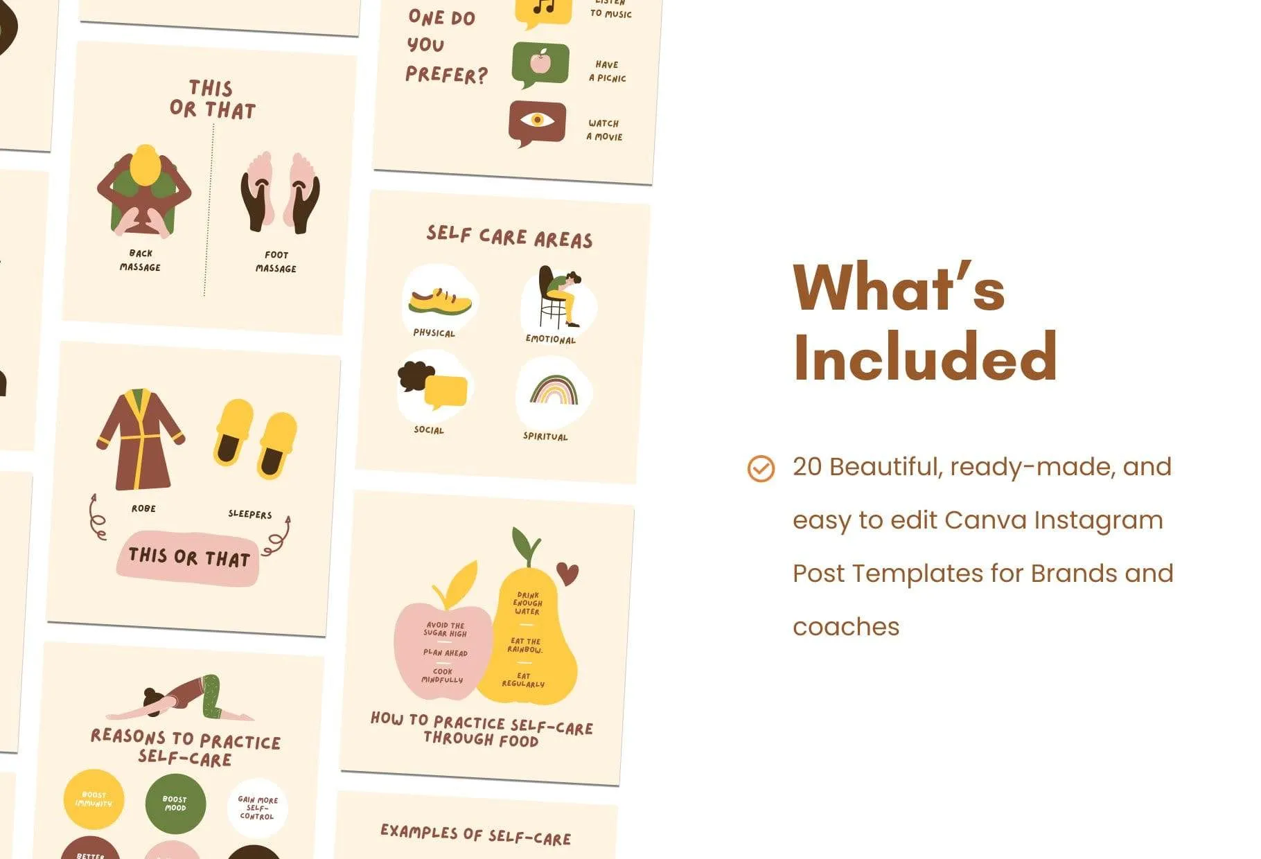 20 Self-Care Lists Instagram Posts Fully Editable Canva Templates