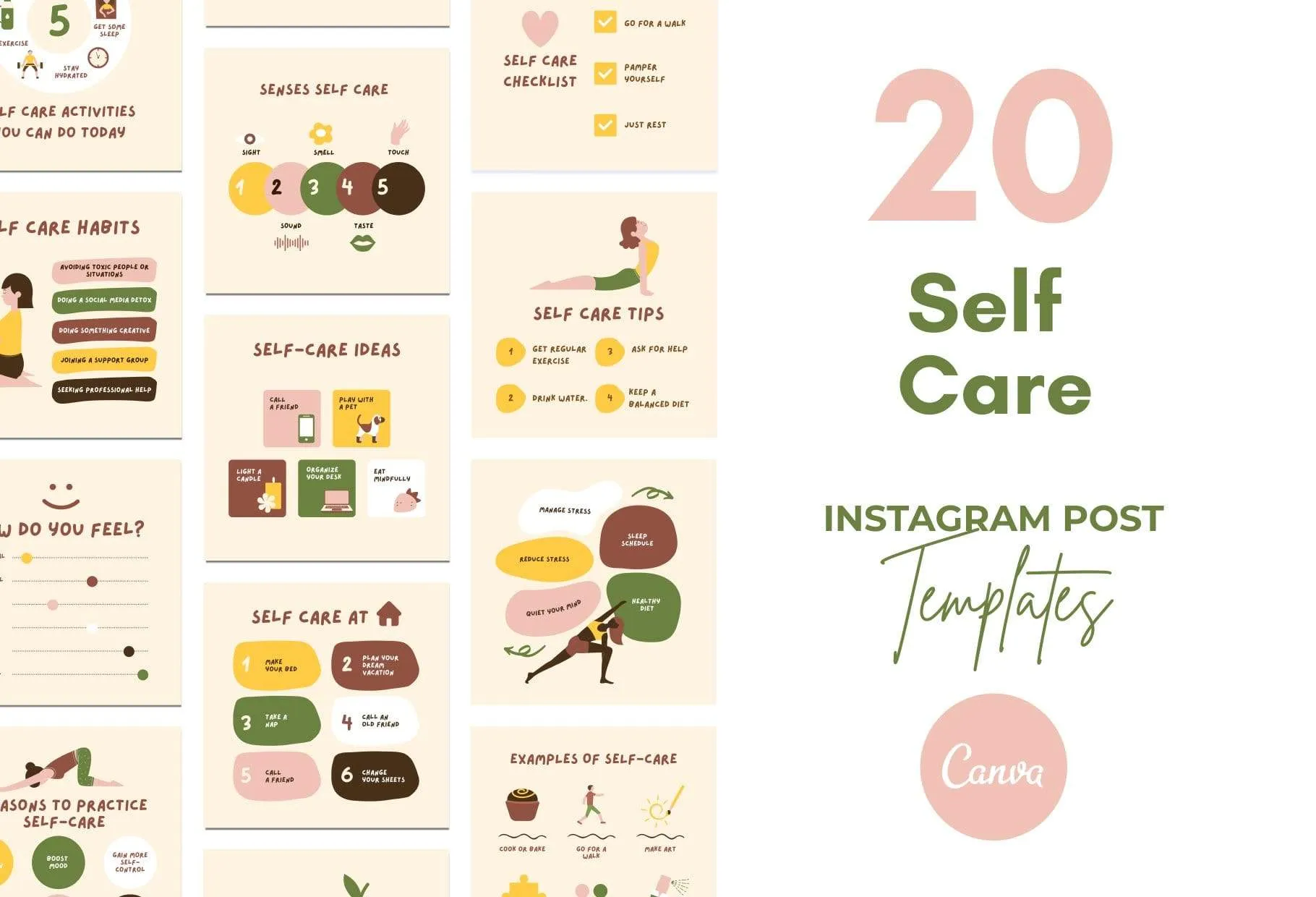 20 Self-Care Lists Instagram Posts Fully Editable Canva Templates