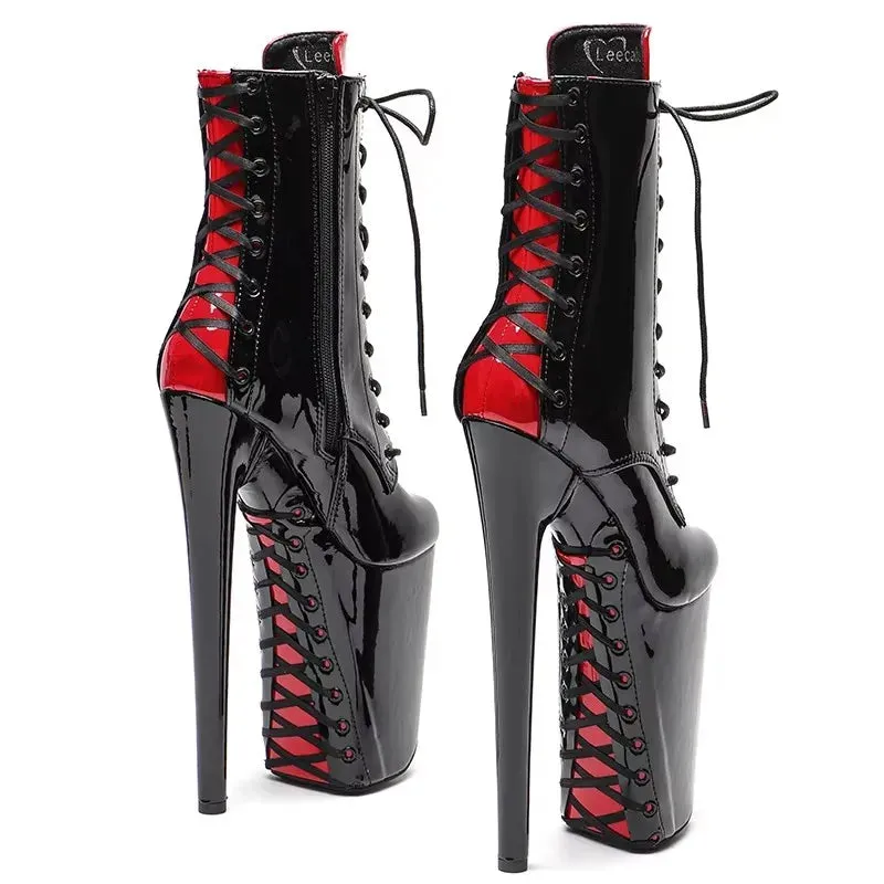 23CM/9inches Patent PU black with red color back lace Pole dance shoes High Heels