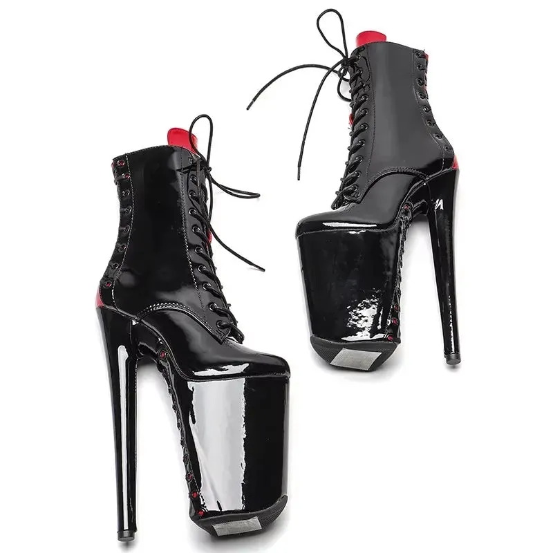 23CM/9inches Patent PU black with red color back lace Pole dance shoes High Heels