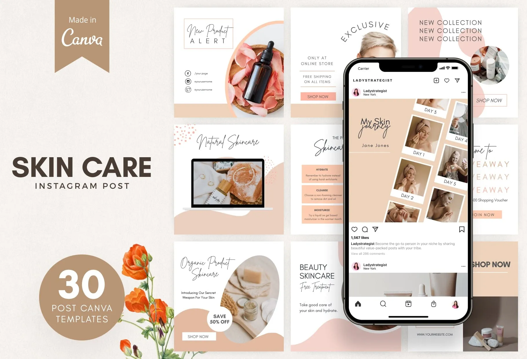 30 Skin Care Instagram Post Canva Templates