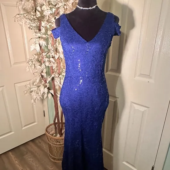 Alexa B Nites Royal Blue Sequin Off the Shoulder High Low Gown Dress Size 6P