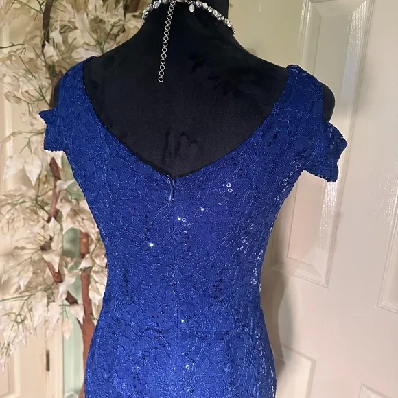 Alexa B Nites Royal Blue Sequin Off the Shoulder High Low Gown Dress Size 6P