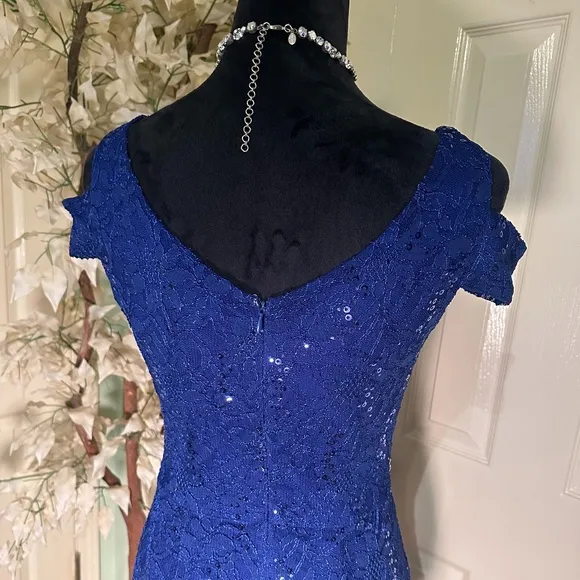 Alexa B Nites Royal Blue Sequin Off the Shoulder High Low Gown Dress Size 6P