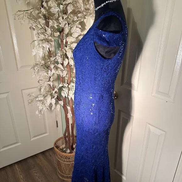 Alexa B Nites Royal Blue Sequin Off the Shoulder High Low Gown Dress Size 6P