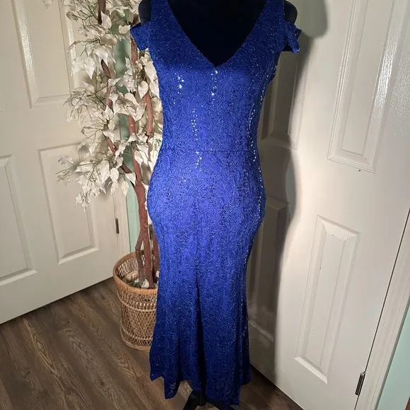 Alexa B Nites Royal Blue Sequin Off the Shoulder High Low Gown Dress Size 6P