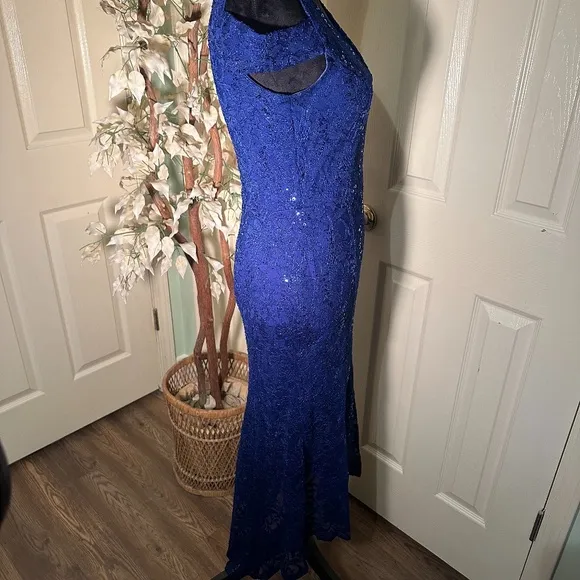 Alexa B Nites Royal Blue Sequin Off the Shoulder High Low Gown Dress Size 6P