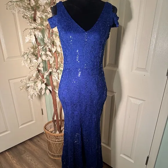 Alexa B Nites Royal Blue Sequin Off the Shoulder High Low Gown Dress Size 6P