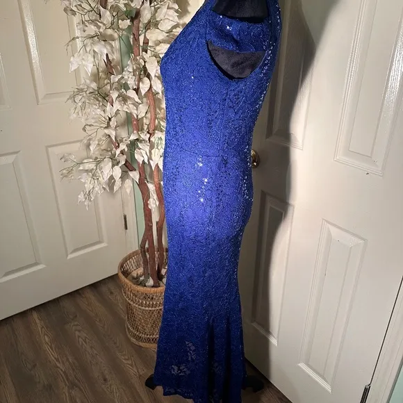 Alexa B Nites Royal Blue Sequin Off the Shoulder High Low Gown Dress Size 6P