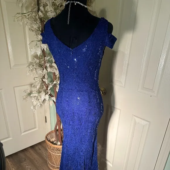 Alexa B Nites Royal Blue Sequin Off the Shoulder High Low Gown Dress Size 6P