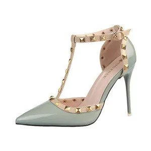 Autumn 10.5cm High Heels T Straps Rivets High Heels Women Sandal Shoes Fashion Patent Leather Woman Shoes