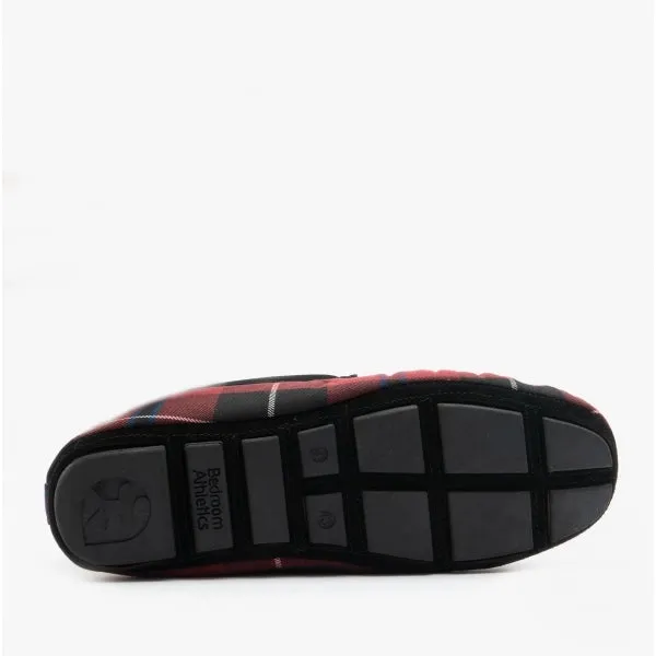 Bedroom Athletics BENEDICT Mens Woven Moccasin Slippers Merlot Check