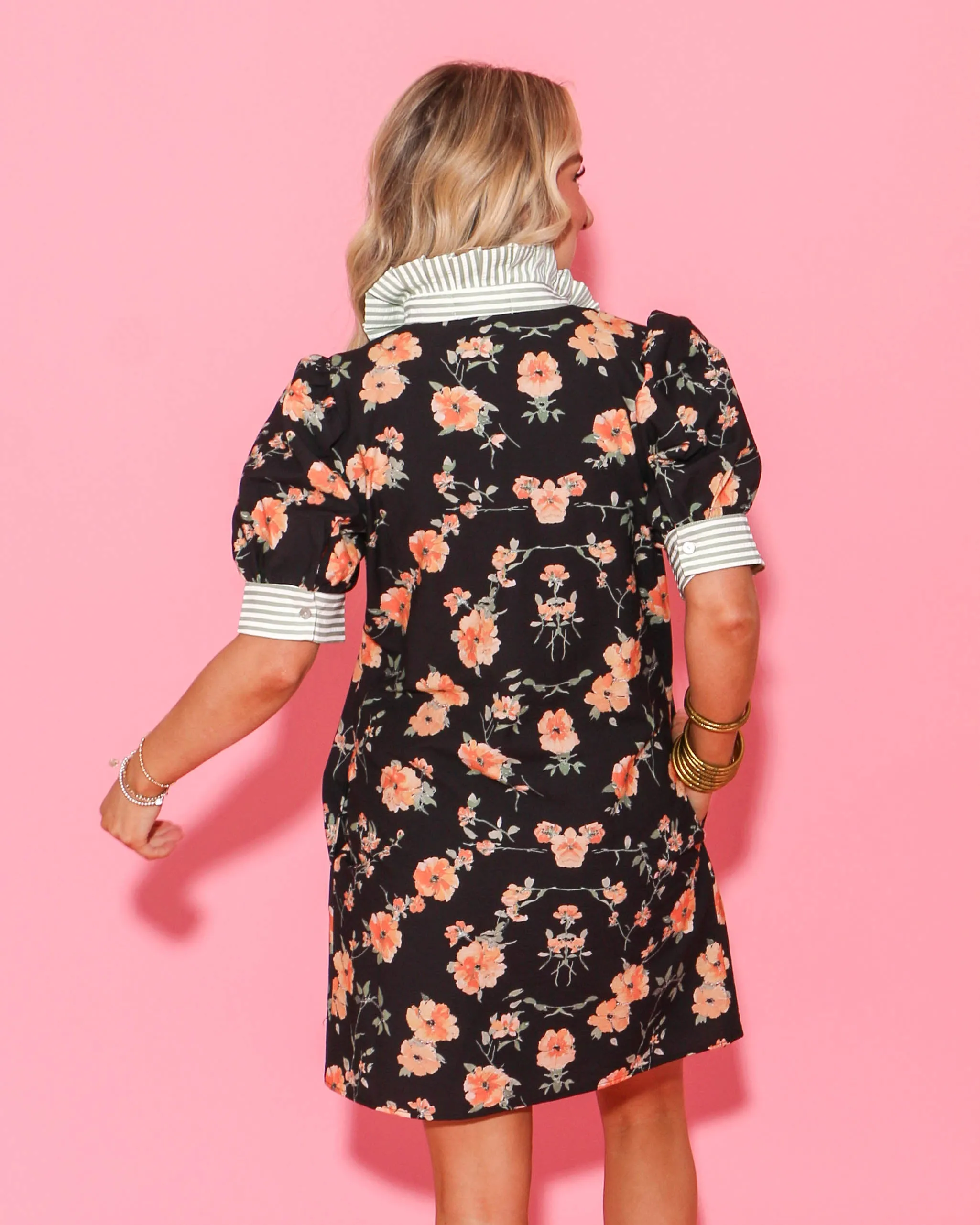 Black and Coral Floral Print Dress