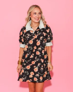 Black and Coral Floral Print Dress