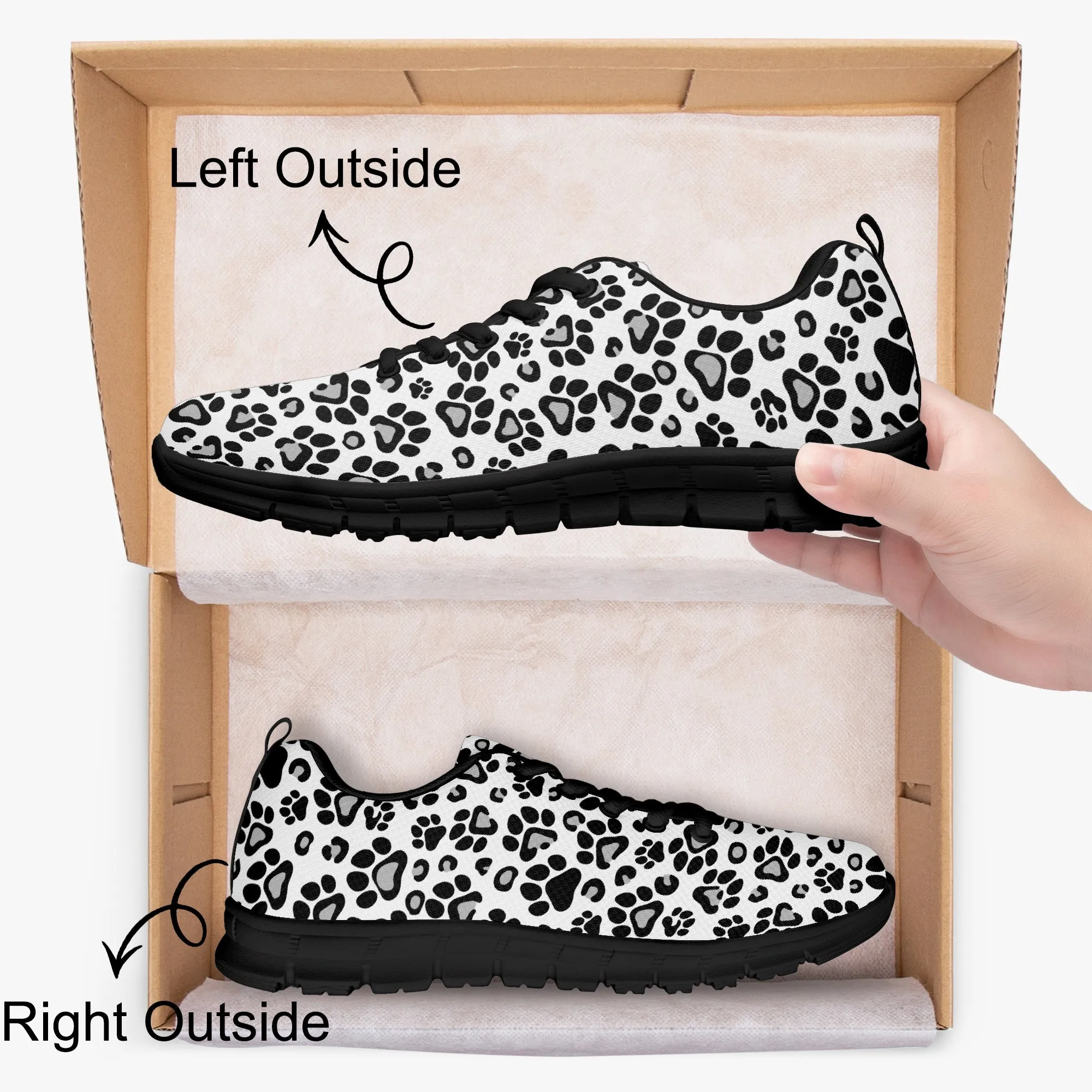Black and White Leopard Paw Print Sneakers for Men Women, Running Shoes For Dog Lovers