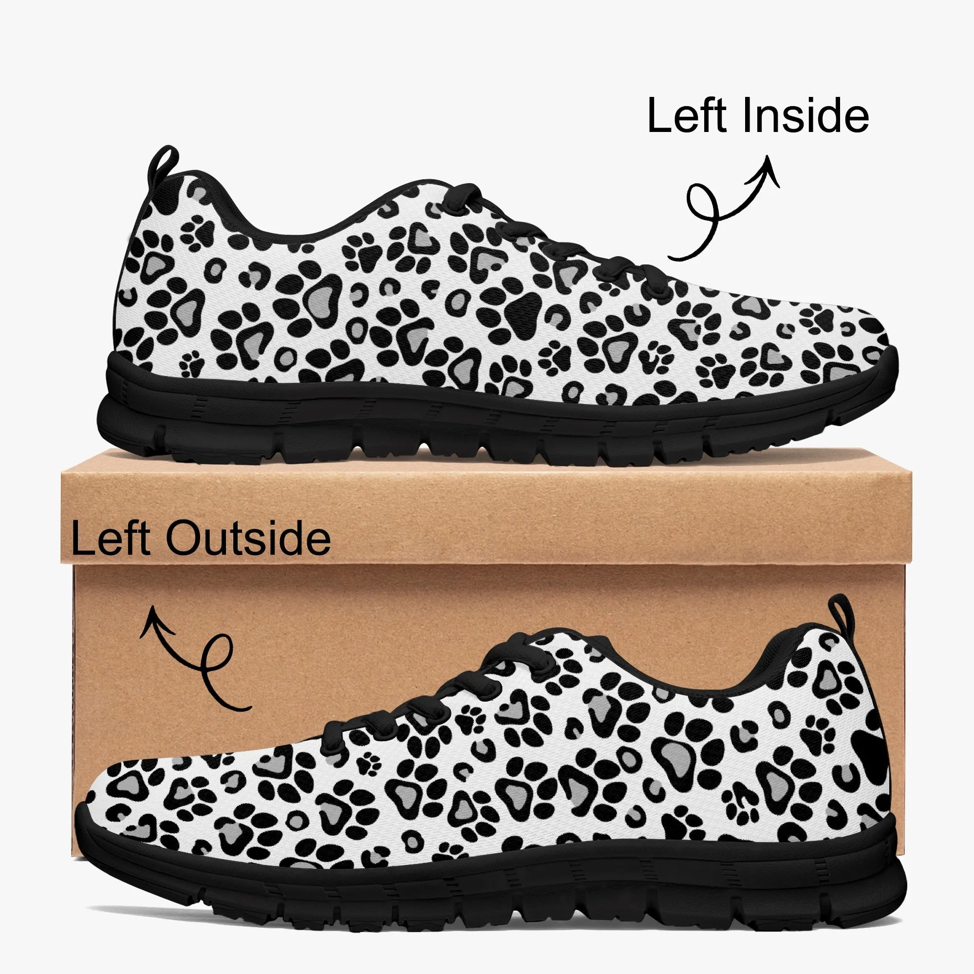 Black and White Leopard Paw Print Sneakers for Men Women, Running Shoes For Dog Lovers