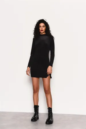 Black Velvet-Rib High-Neck Mini-Dress