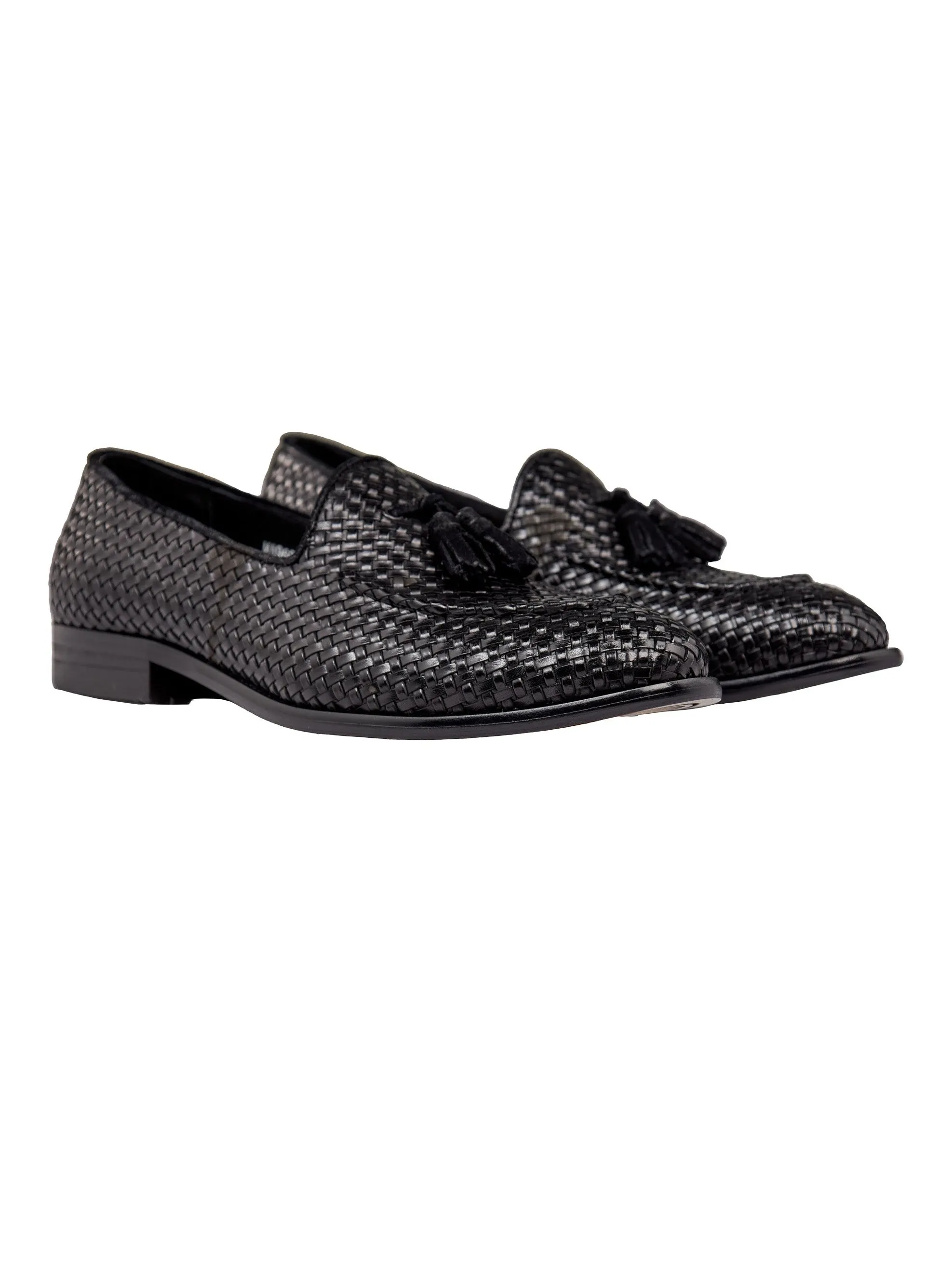 BLACK WOVEN LEATHER TASSEL LOAFER
