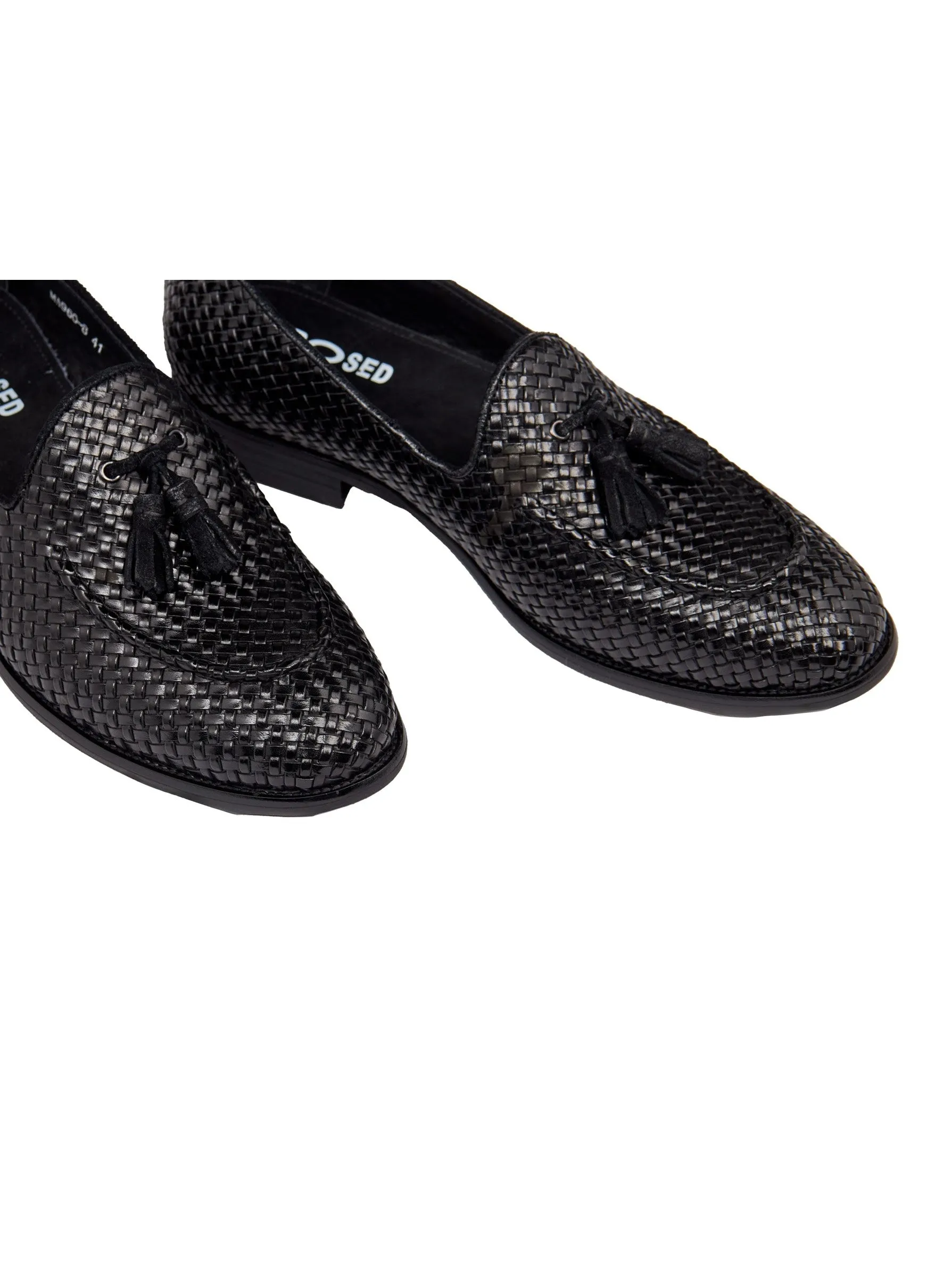 BLACK WOVEN LEATHER TASSEL LOAFER