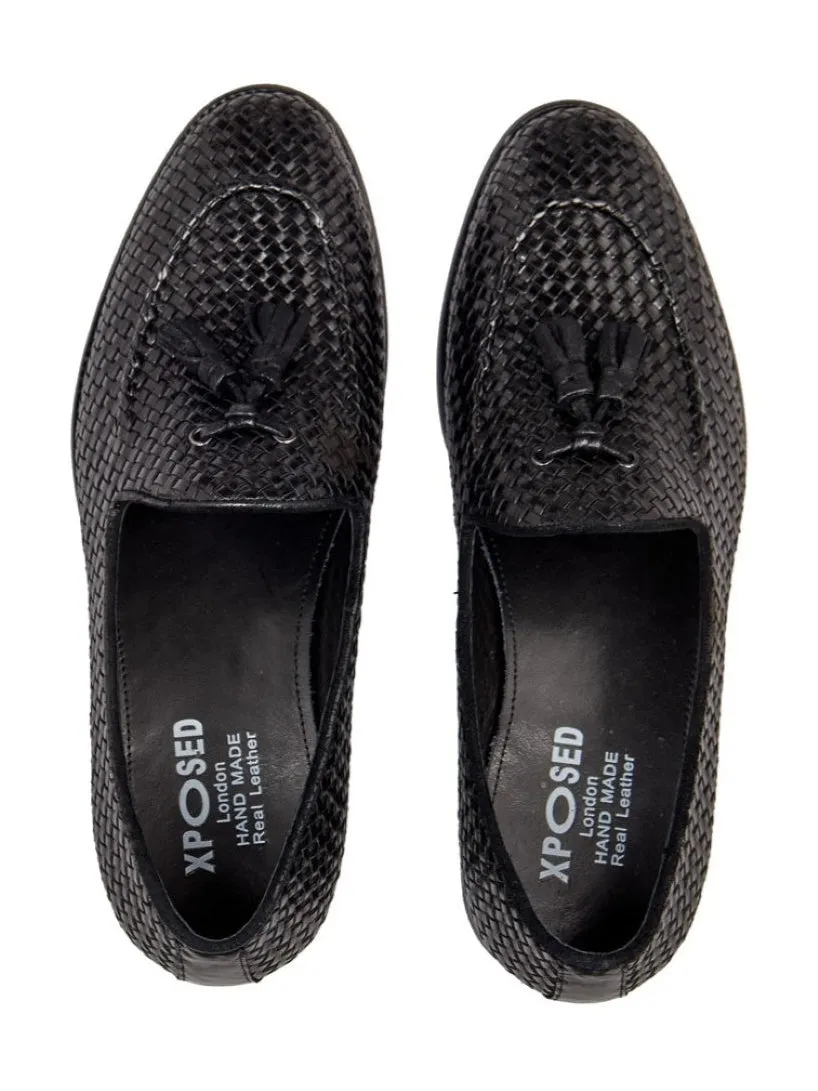 BLACK WOVEN LEATHER TASSEL LOAFER