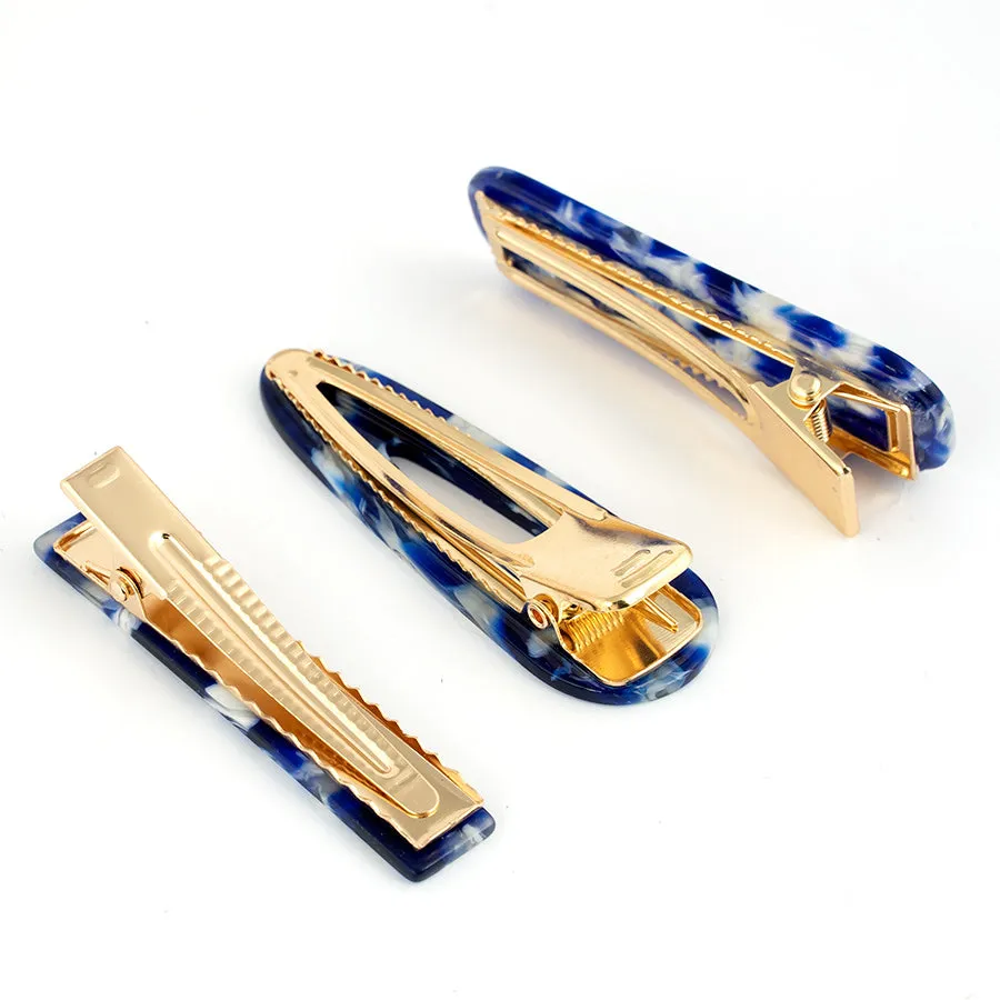Blue Marble Design on Golden Beak Clip - Set of 3
