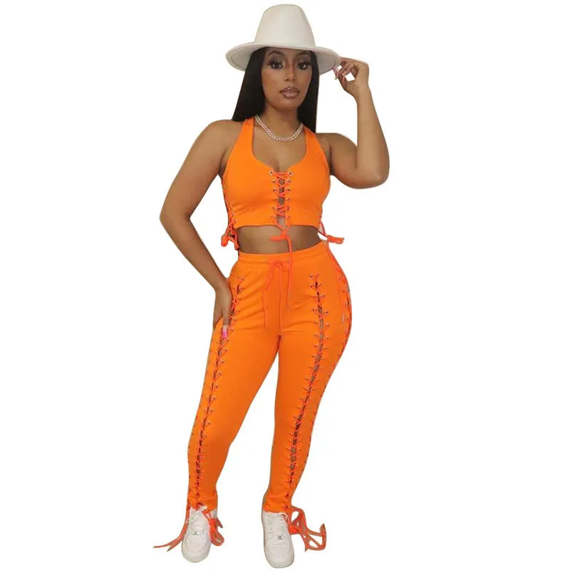 Bold Lace-Up Sleeveless Top and High-Waisted Pants Two-Piece Set