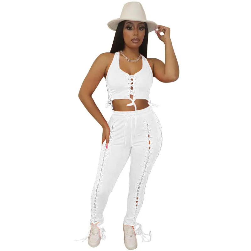 Bold Lace-Up Sleeveless Top and High-Waisted Pants Two-Piece Set