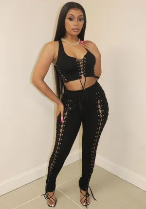 Bold Lace-Up Sleeveless Top and High-Waisted Pants Two-Piece Set