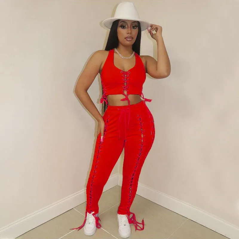 Bold Lace-Up Sleeveless Top and High-Waisted Pants Two-Piece Set