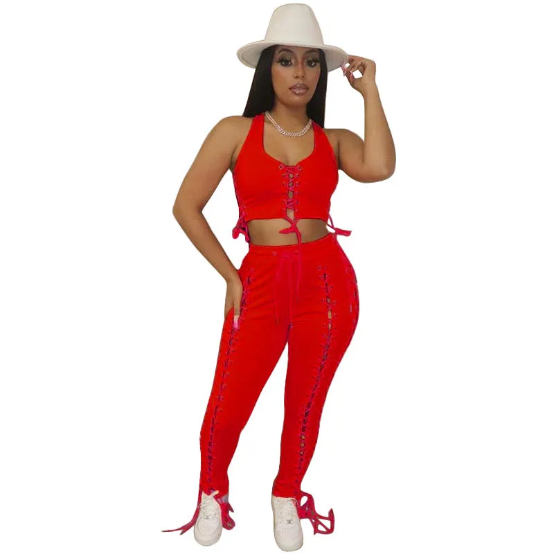 Bold Lace-Up Sleeveless Top and High-Waisted Pants Two-Piece Set