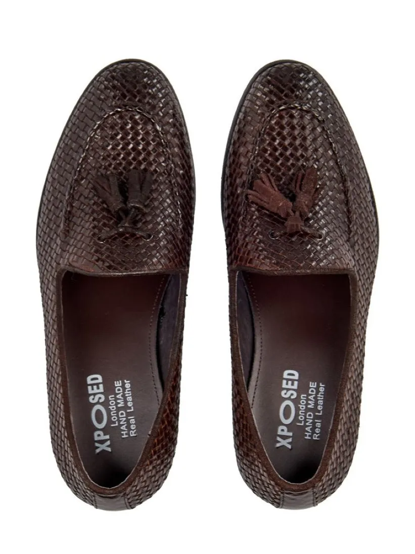 BROWN WOVEN LEATHER TASSEL LOAFER