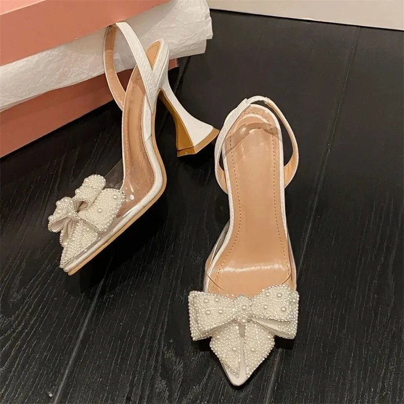 Butterfly-knot PVC Transparent String Bead Women Pumps Sandals Fashion Pointed Toe Party High Heels Mule Shoes