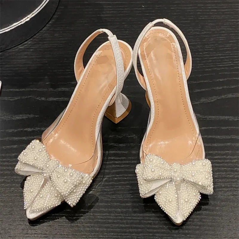 Butterfly-knot PVC Transparent String Bead Women Pumps Sandals Fashion Pointed Toe Party High Heels Mule Shoes