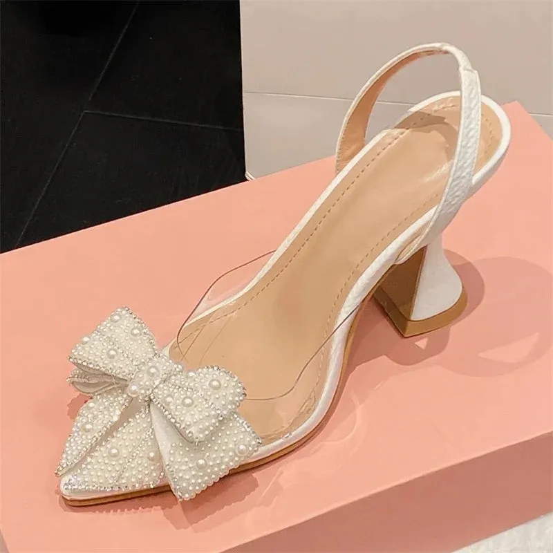 Butterfly-knot PVC Transparent String Bead Women Pumps Sandals Fashion Pointed Toe Party High Heels Mule Shoes