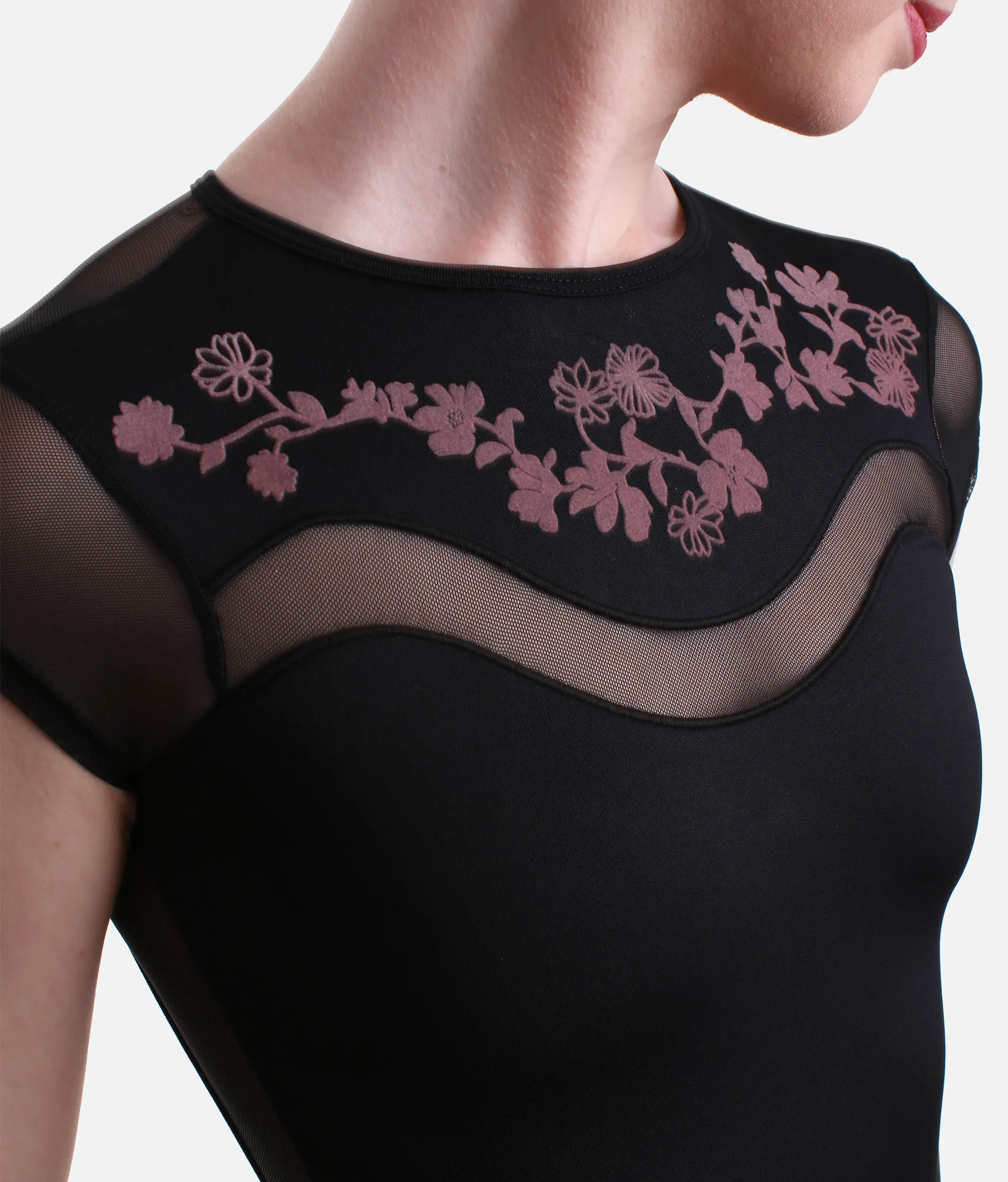 Cap Sleeve Dance Leotard, Stretch Mesh, Velvet Flowers, & Open Back Style - ARLETTE