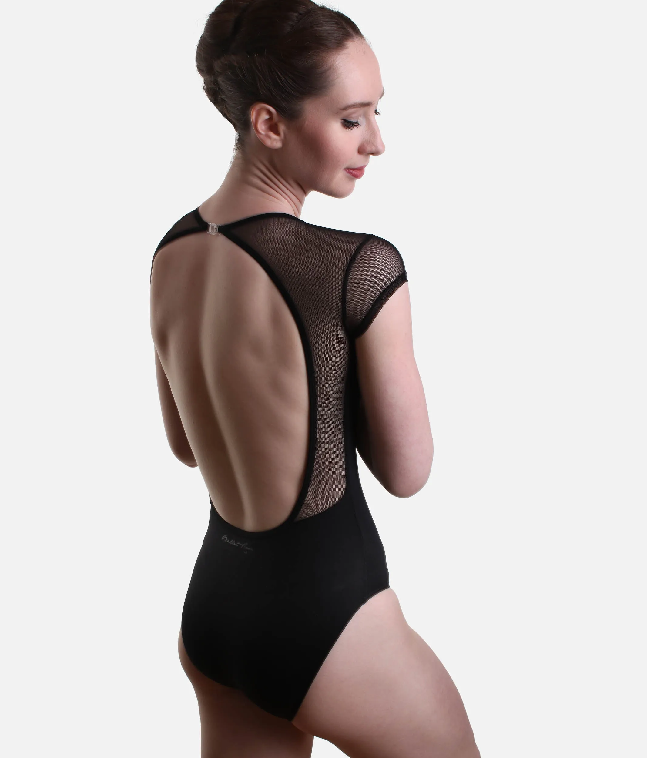 Cap Sleeve Dance Leotard, Stretch Mesh, Velvet Flowers, & Open Back Style - ARLETTE