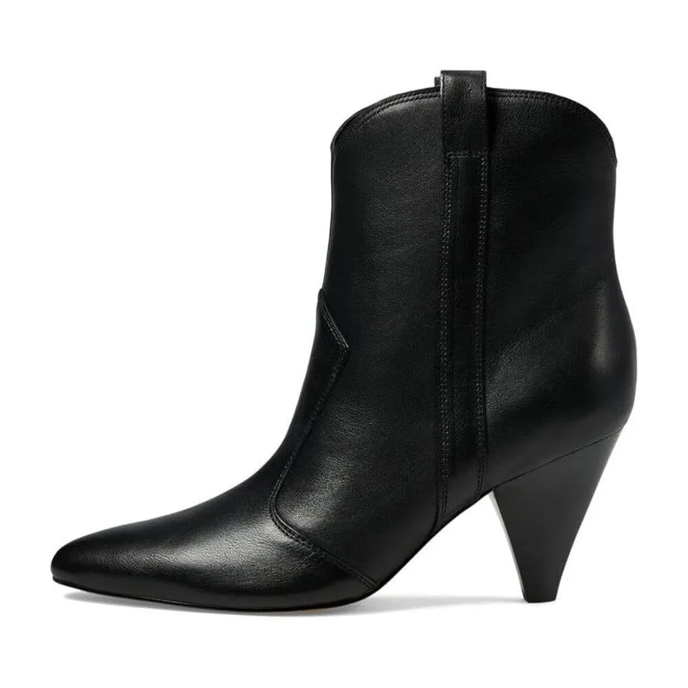 Carissa Black Leather Western Heeled Ankle Boots
