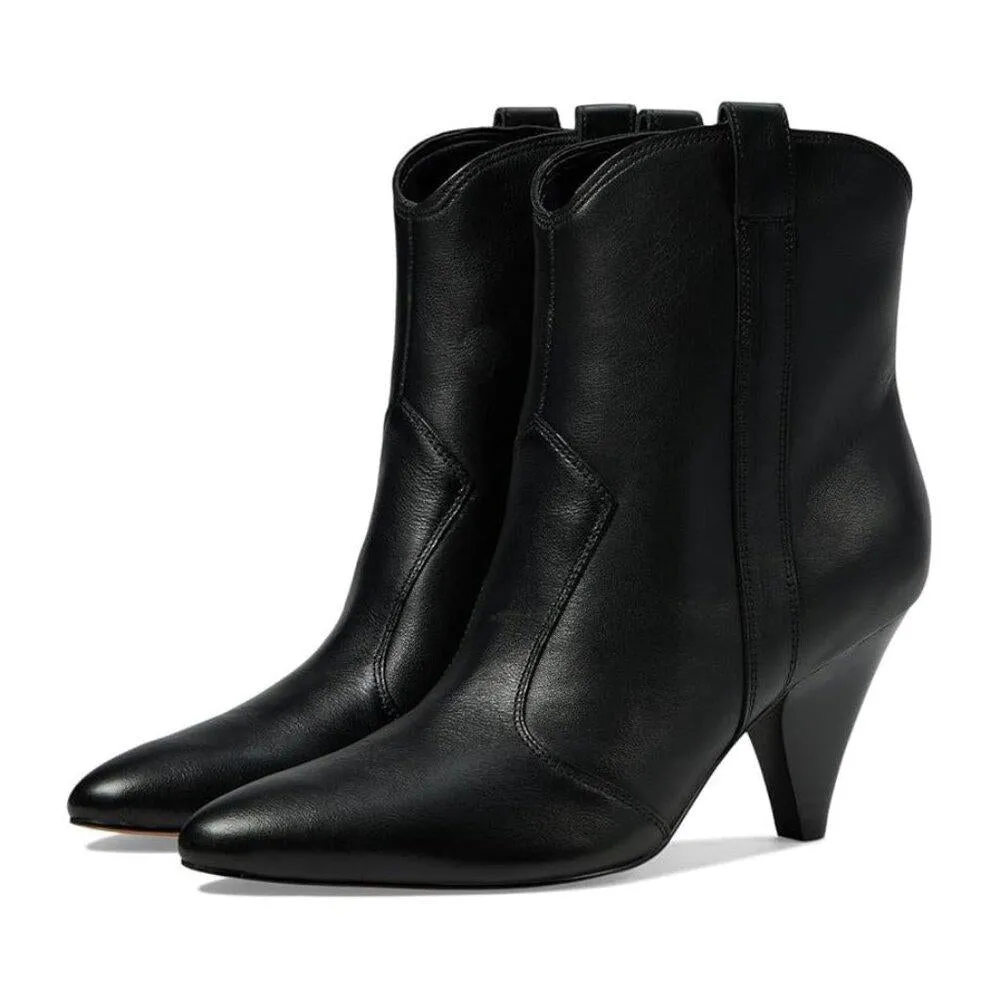 Carissa Black Leather Western Heeled Ankle Boots