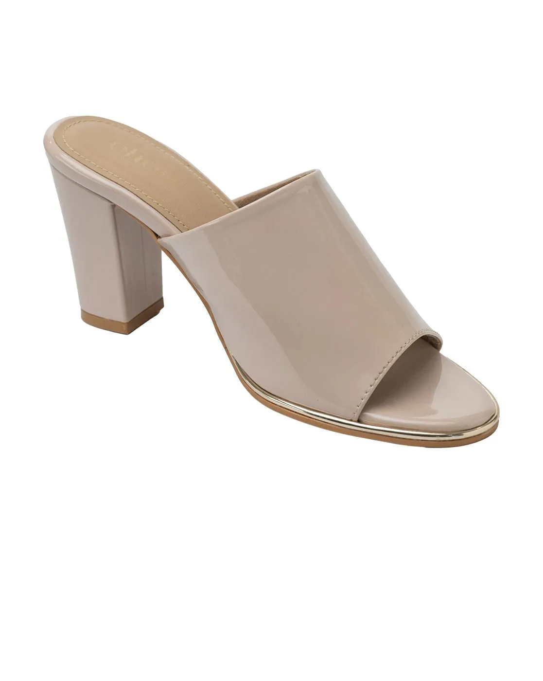 Chere Glossy Patent Block Heel Mules – Nude Beige
