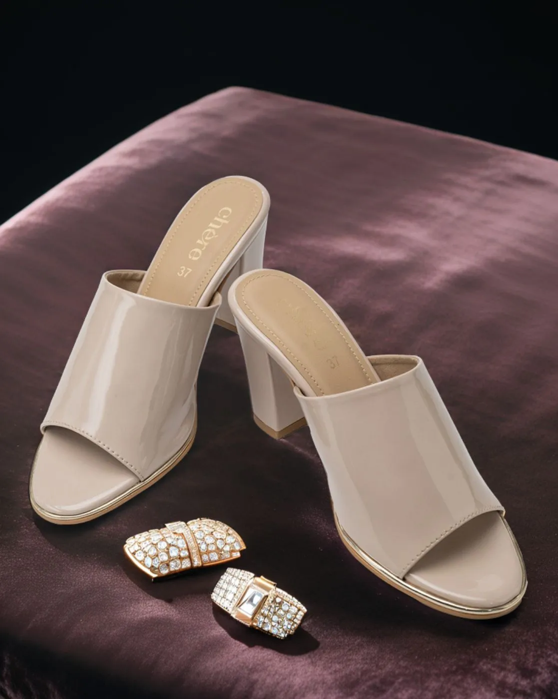 Chere Glossy Patent Block Heel Mules – Nude Beige