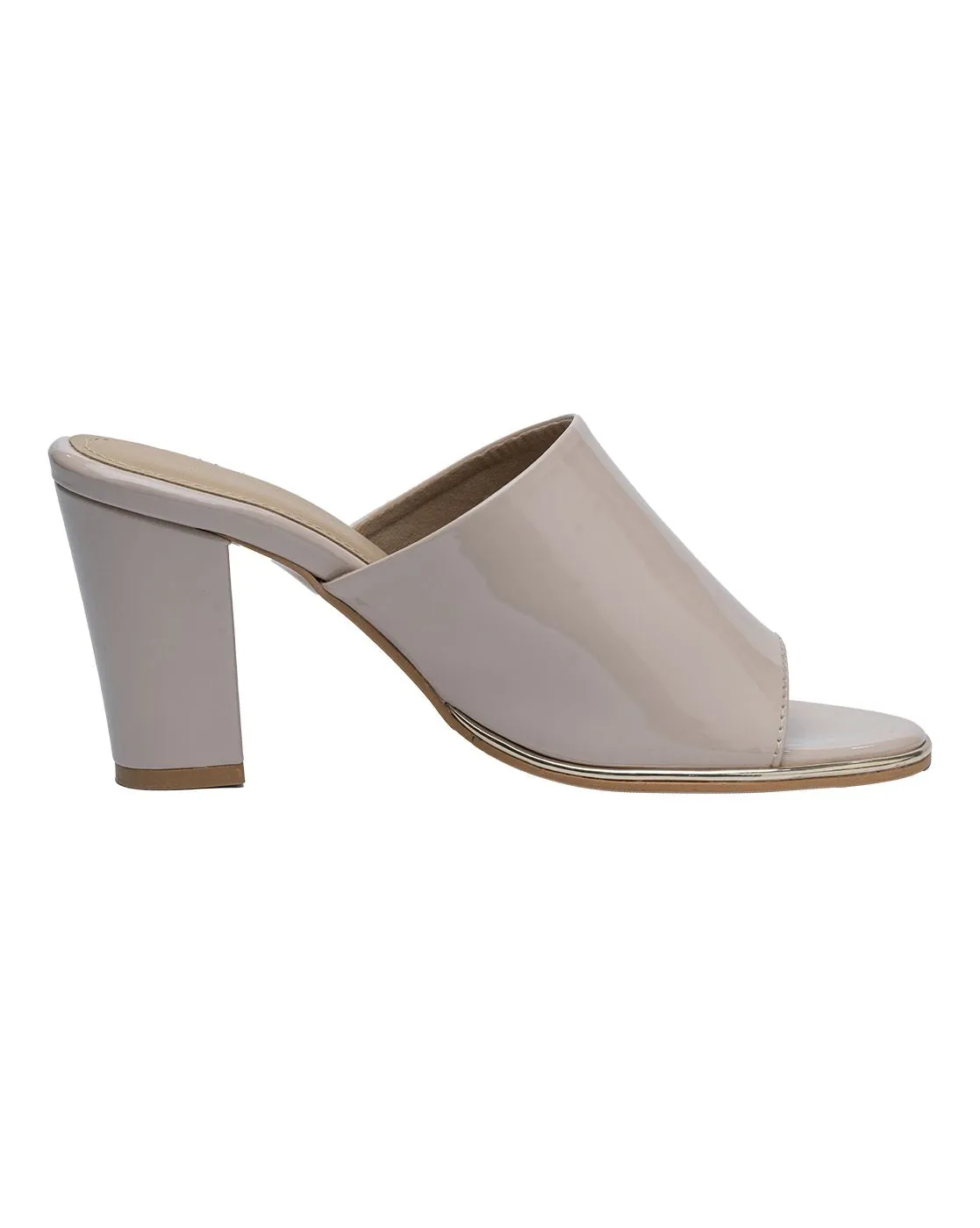 Chere Glossy Patent Block Heel Mules – Nude Beige