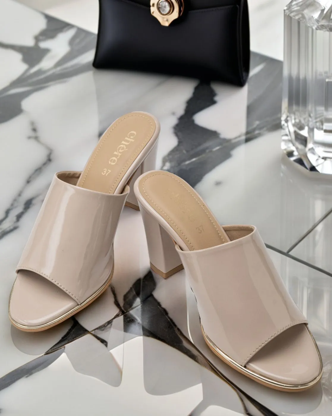 Chere Glossy Patent Block Heel Mules – Nude Beige