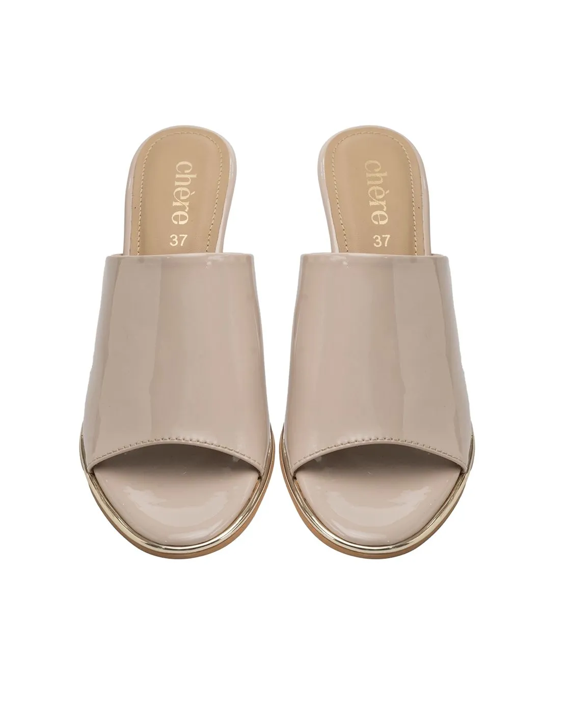 Chere Glossy Patent Block Heel Mules – Nude Beige