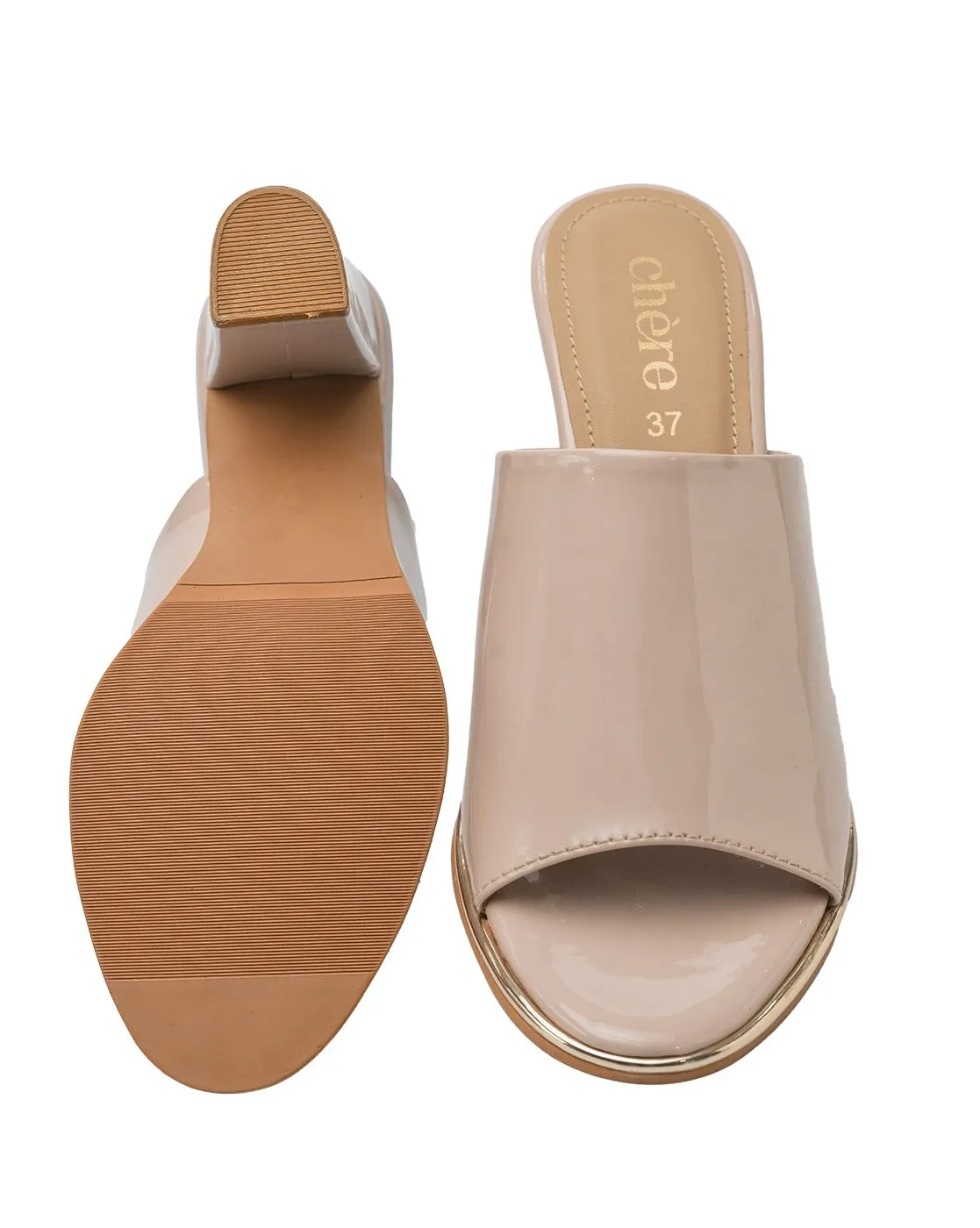 Chere Glossy Patent Block Heel Mules – Nude Beige