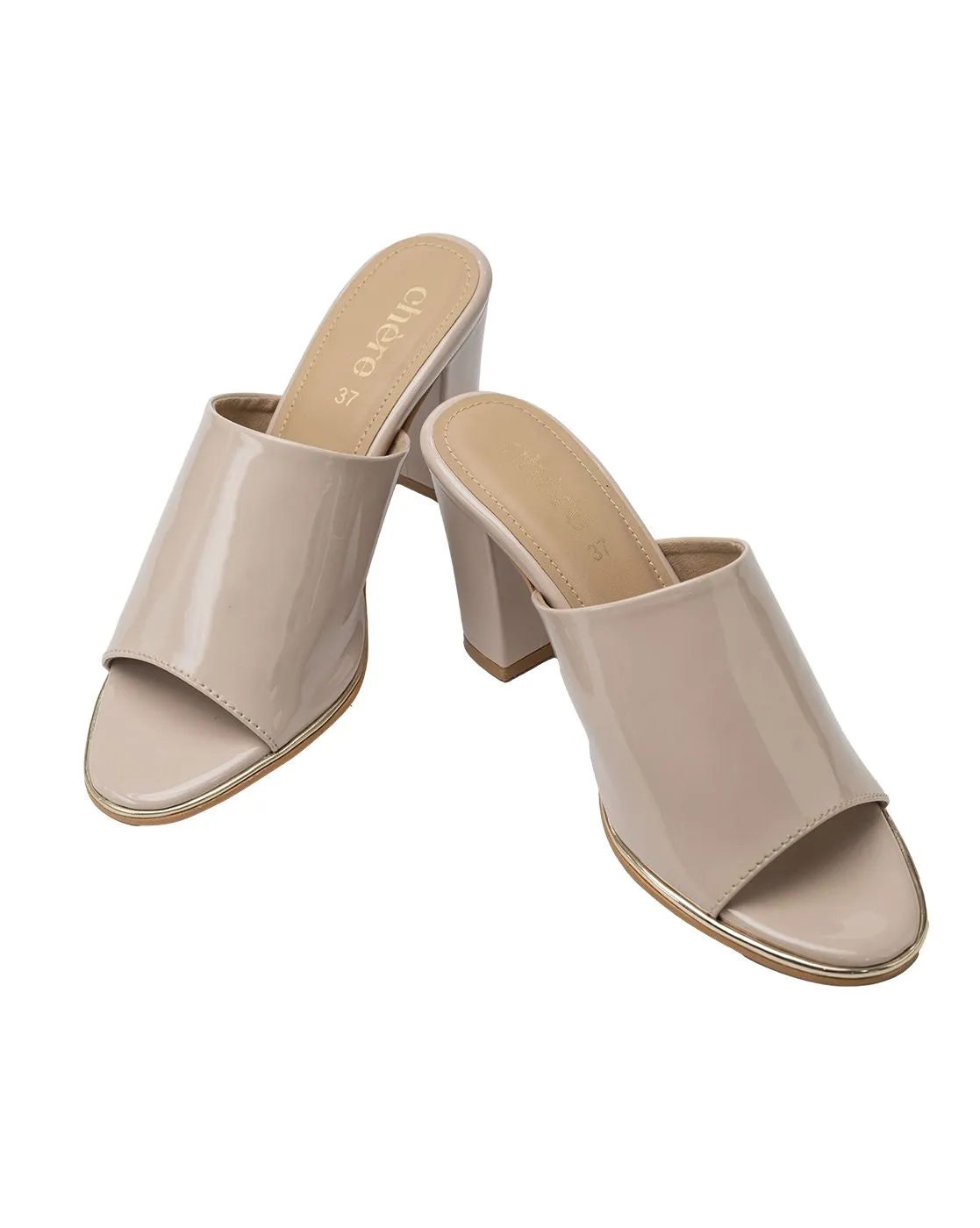 Chere Glossy Patent Block Heel Mules – Nude Beige