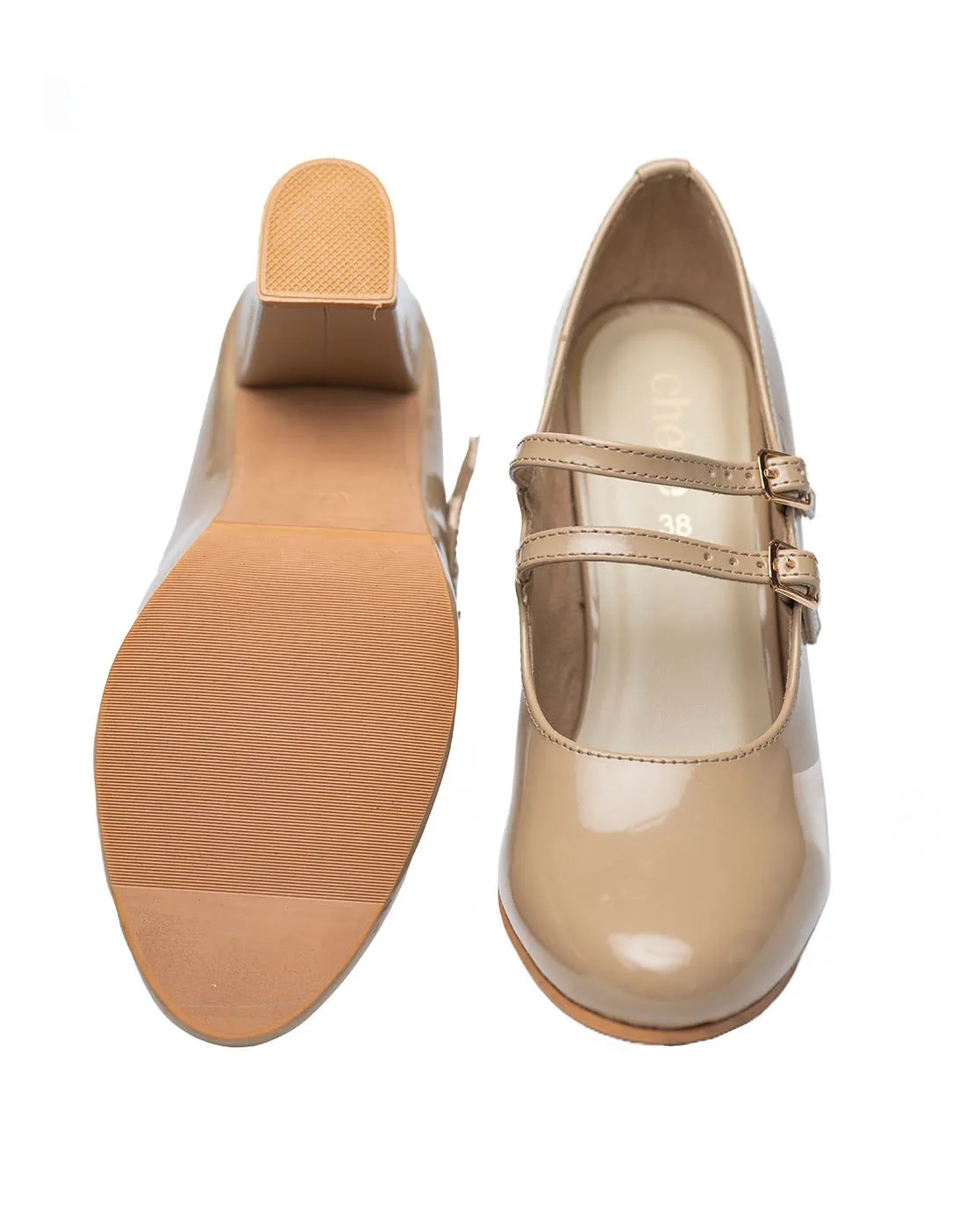 Chere Women's Block Heel Mary Jane Pumps Beige color