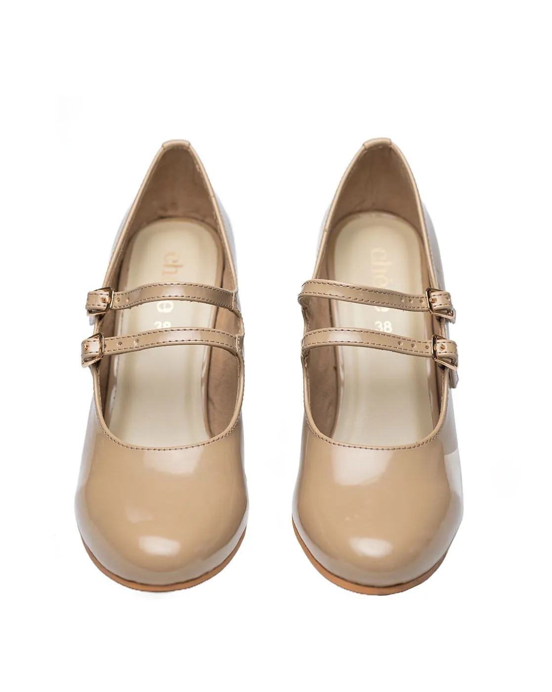 Chere Women's Block Heel Mary Jane Pumps Beige color