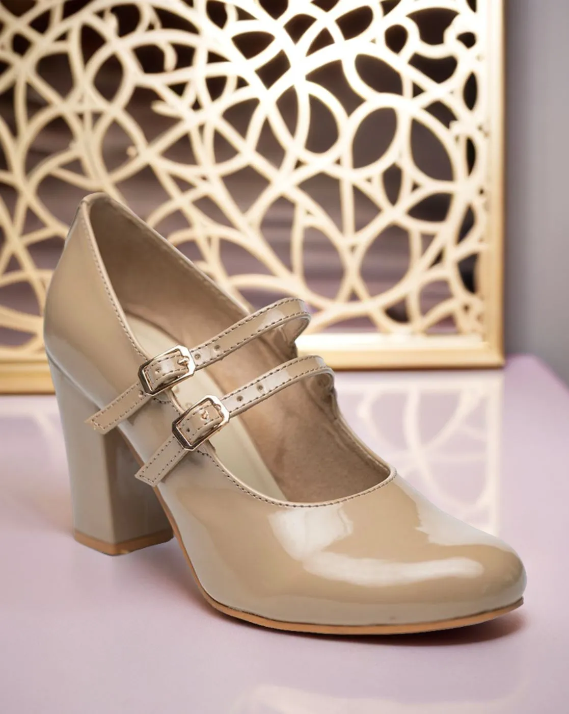 Chere Women's Block Heel Mary Jane Pumps Beige color