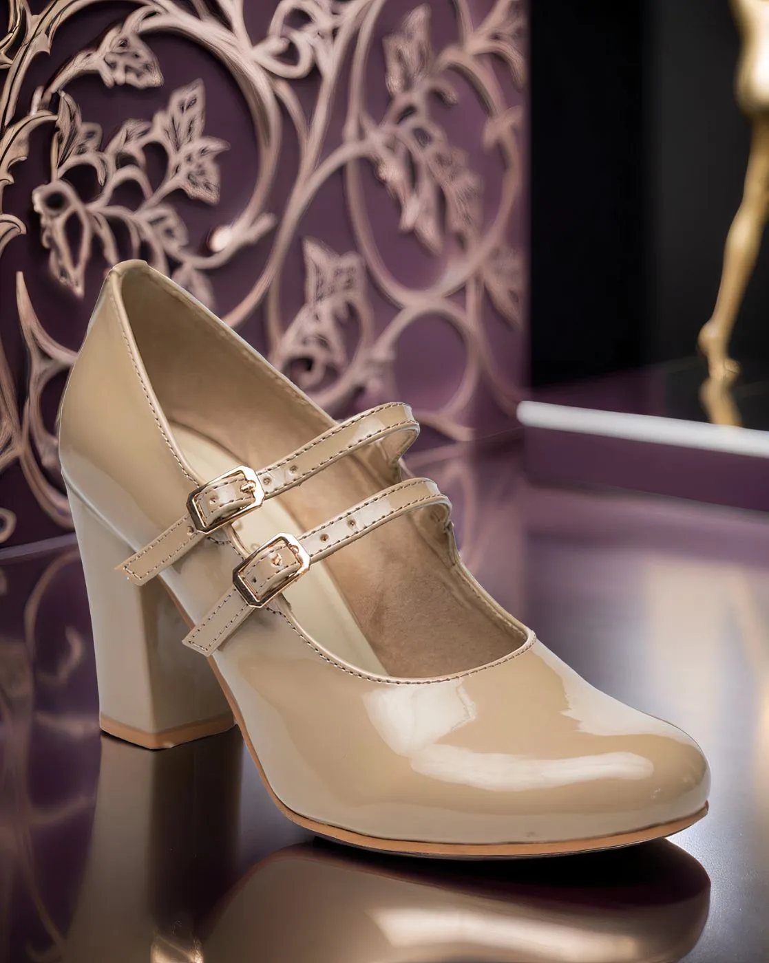 Chere Women's Block Heel Mary Jane Pumps Beige color